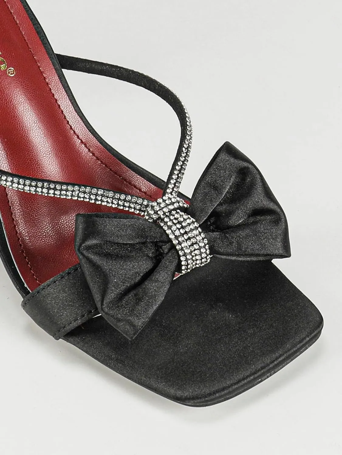 Elegant Black High Heel Mules for Women – Stylish Leather Bow Decor Open Toe Square Toe Party Shoes with Rhinestone Straps & Transparent Cube Heel for Evening Gown, Banquets, and Summer Events