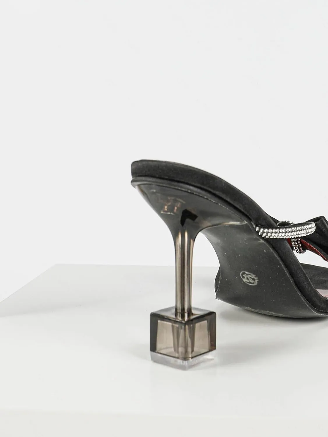 Elegant Black High Heel Mules for Women – Stylish Leather Bow Decor Open Toe Square Toe Party Shoes with Rhinestone Straps & Transparent Cube Heel for Evening Gown, Banquets, and Summer Events