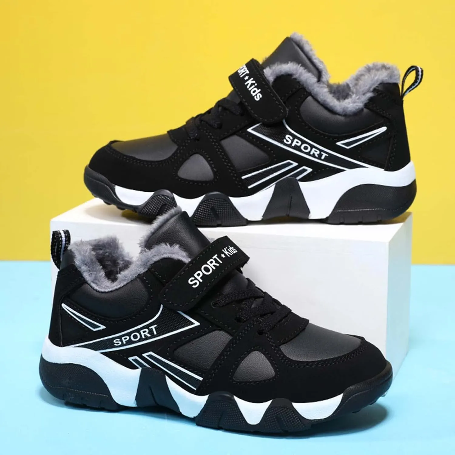 Eliogn Boys Winter Sneakers Faux Fur Ankle Booties Unisex Kids Warm High Top Traines Sport Shoes (Big Kid/Little Kid)