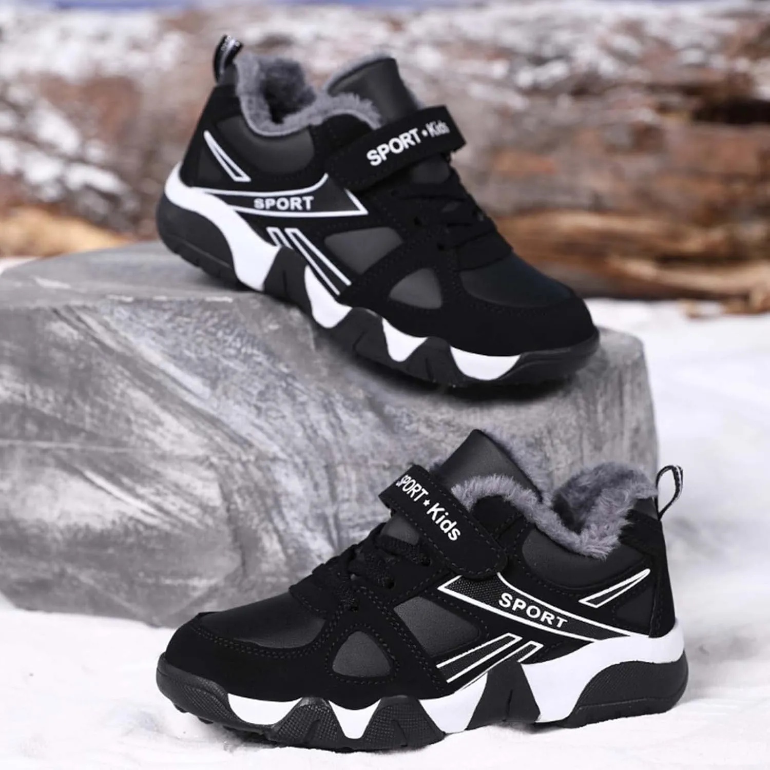 Eliogn Boys Winter Sneakers Faux Fur Ankle Booties Unisex Kids Warm High Top Traines Sport Shoes (Big Kid/Little Kid)
