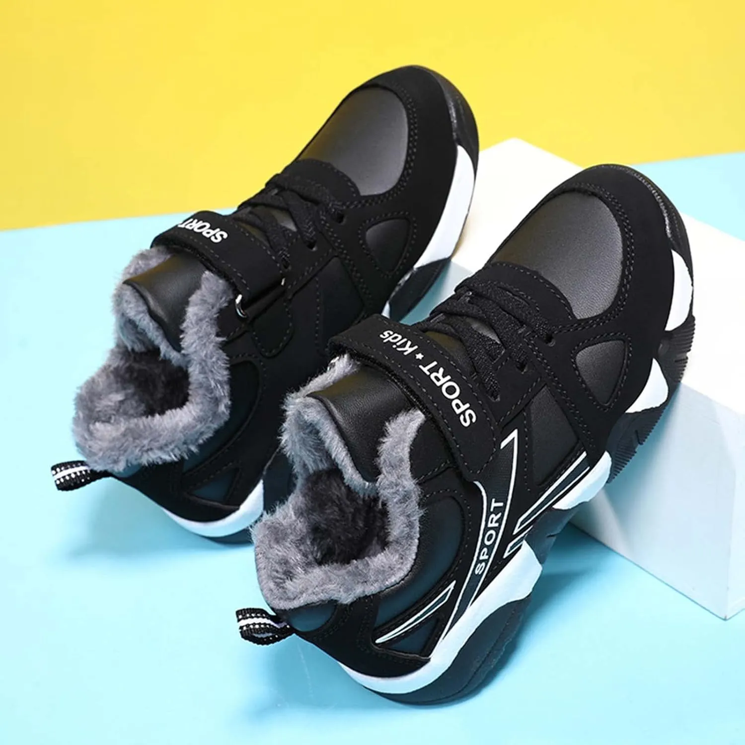 Eliogn Boys Winter Sneakers Faux Fur Ankle Booties Unisex Kids Warm High Top Traines Sport Shoes (Big Kid/Little Kid)