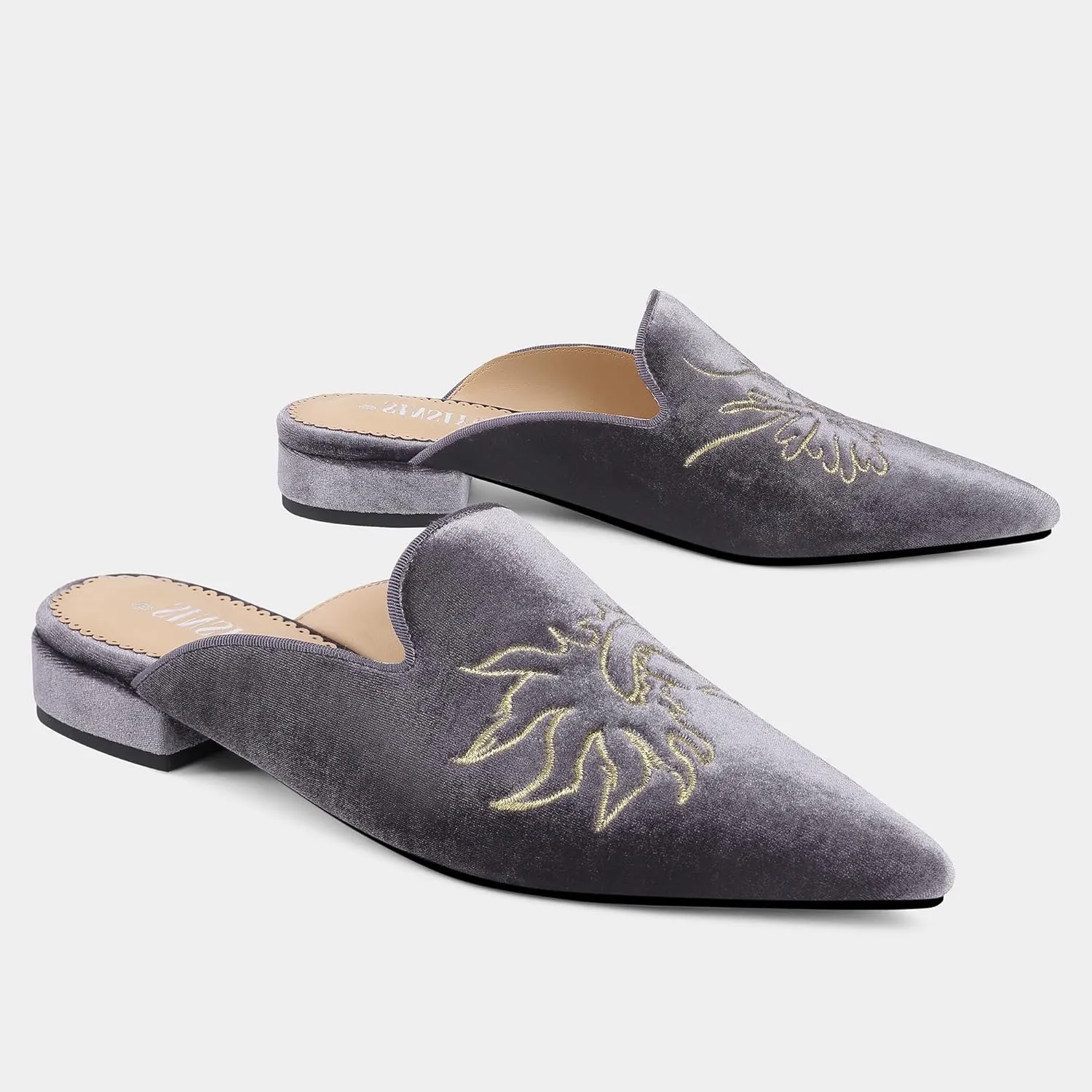 Embroidered Mules for Women Pointed Toe Backless Velvet Flats Slides with Dragon Pattern