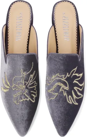Embroidered Mules for Women Pointed Toe Backless Velvet Flats Slides with Dragon Pattern