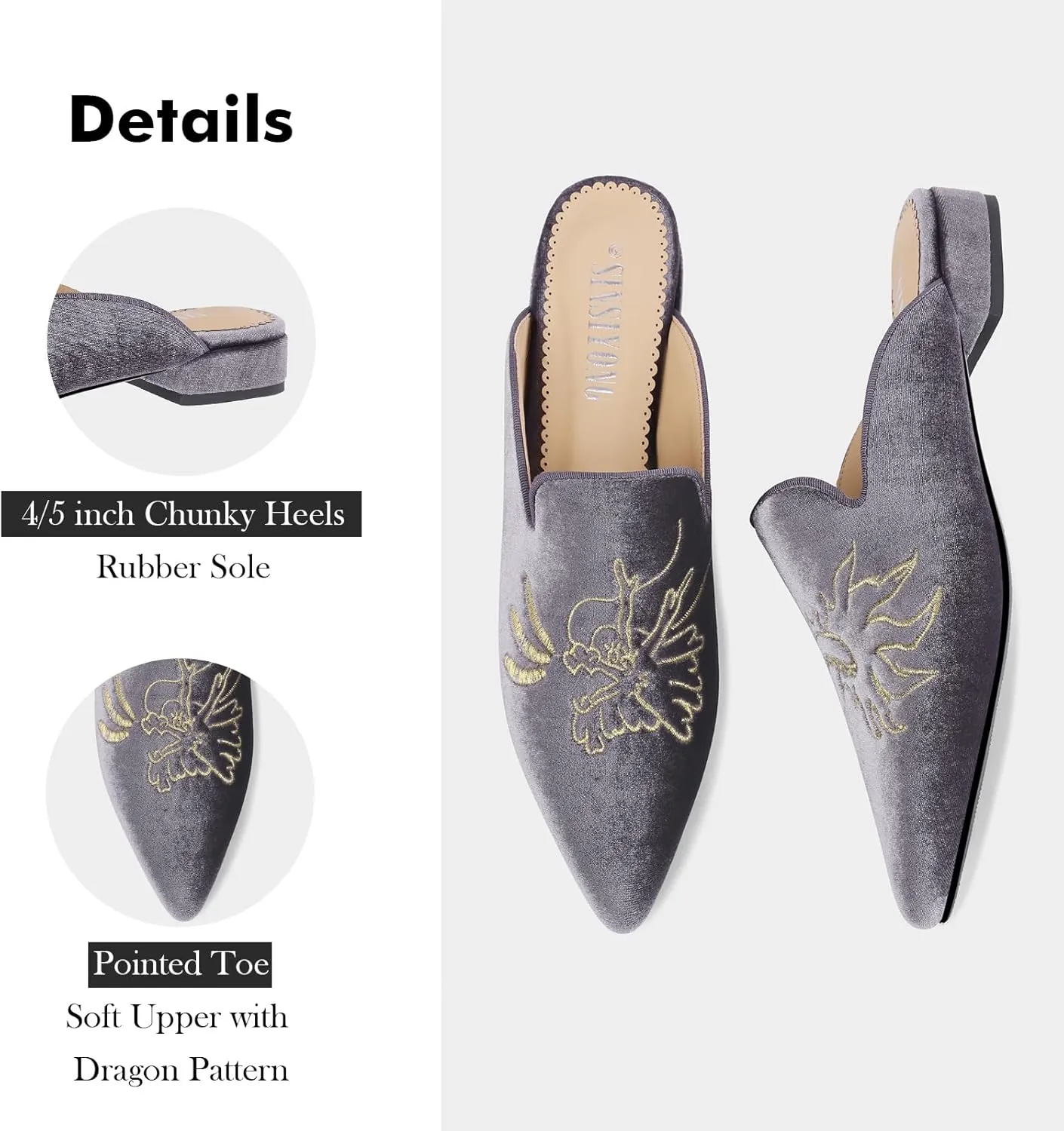 Embroidered Mules for Women Pointed Toe Backless Velvet Flats Slides with Dragon Pattern
