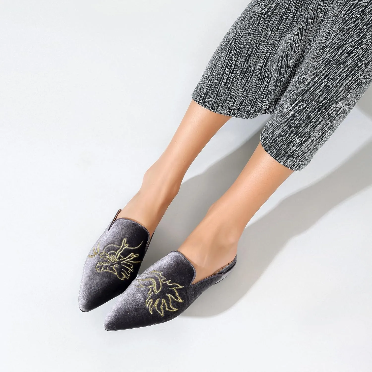 Embroidered Mules for Women Pointed Toe Backless Velvet Flats Slides with Dragon Pattern