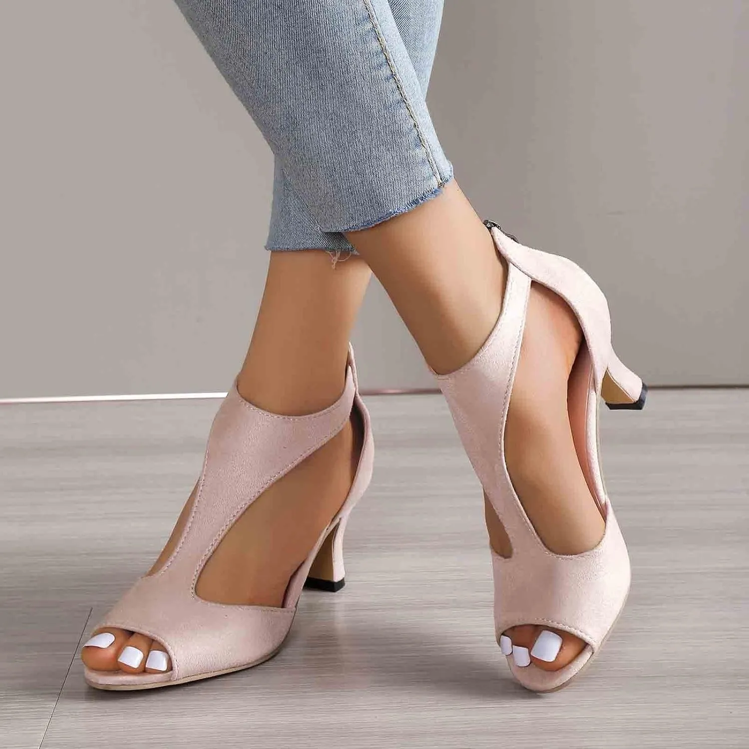EMRELOD Mid Heeled Sandals for Women Dressy Summer Open Toe T-Strap Pumps Sandals Fashion Black Back Zip Party Wedding Dress Shoes Fashion Elegant Sandal (02-Beige, 7)