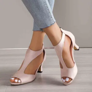 EMRELOD Mid Heeled Sandals for Women Dressy Summer Open Toe T-Strap Pumps Sandals Fashion Black Back Zip Party Wedding Dress Shoes Fashion Elegant Sandal (02-Beige, 7)