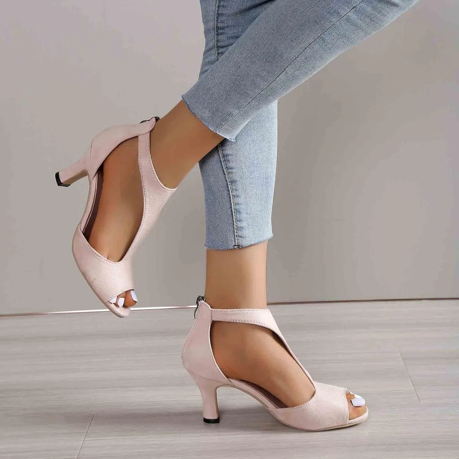 EMRELOD Mid Heeled Sandals for Women Dressy Summer Open Toe T-Strap Pumps Sandals Fashion Black Back Zip Party Wedding Dress Shoes Fashion Elegant Sandal (02-Beige, 7)