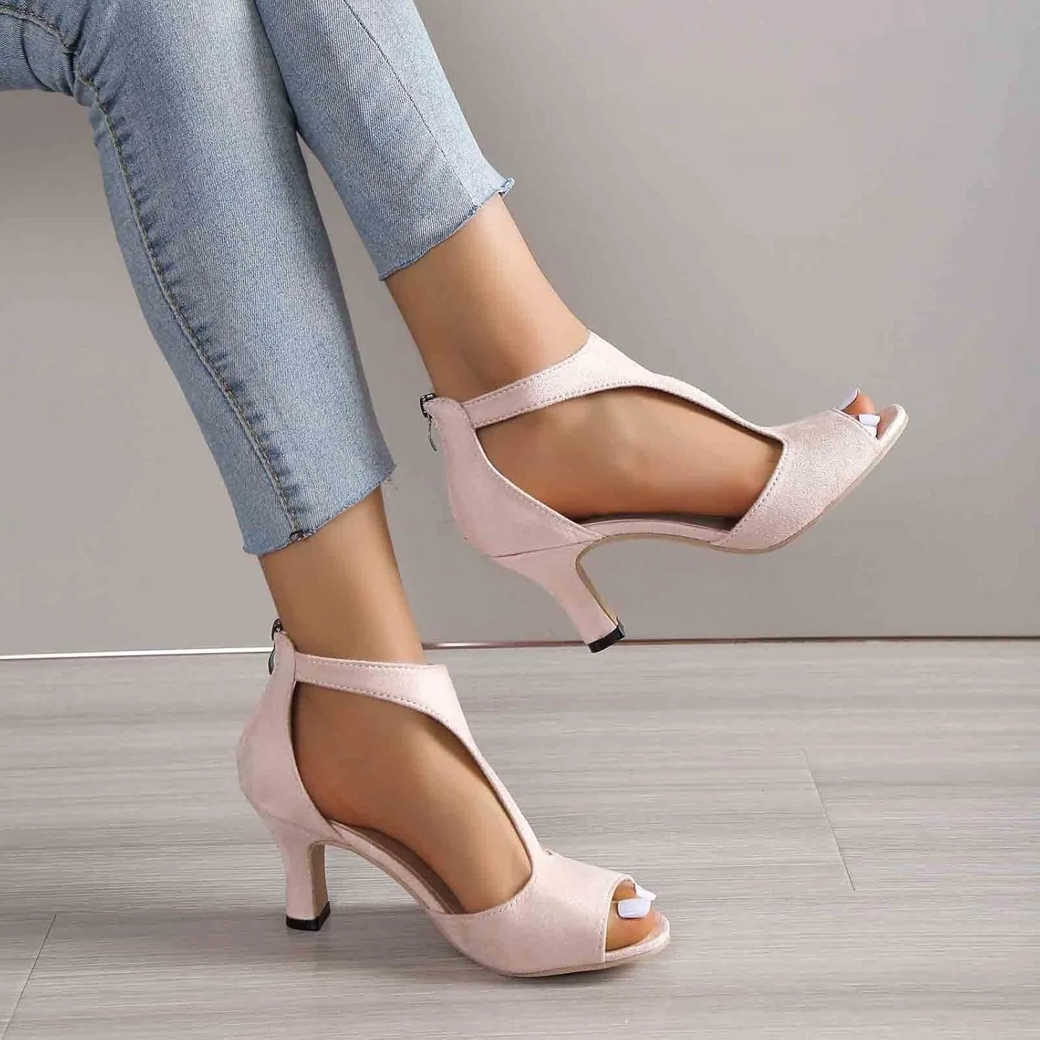 EMRELOD Mid Heeled Sandals for Women Dressy Summer Open Toe T-Strap Pumps Sandals Fashion Black Back Zip Party Wedding Dress Shoes Fashion Elegant Sandal (02-Beige, 7)