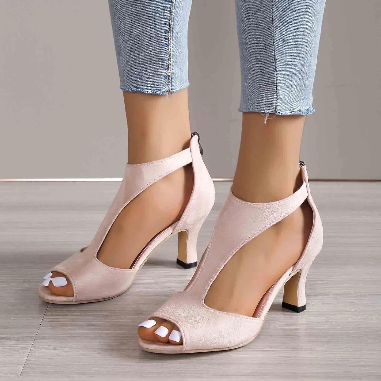 EMRELOD Mid Heeled Sandals for Women Dressy Summer Open Toe T-Strap Pumps Sandals Fashion Black Back Zip Party Wedding Dress Shoes Fashion Elegant Sandal (02-Beige, 7)