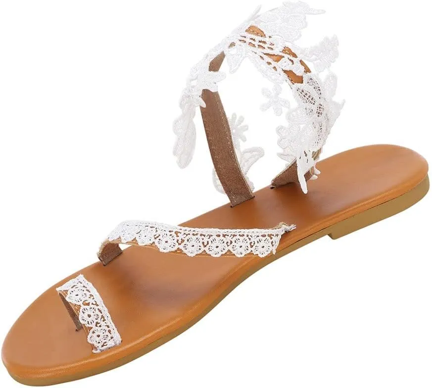 EMRELOD Women's Sandals Flat Clip Toe Casual Lace Floral Beach Flip Flop Comfy Shoes Summer Elegant Toe Ring Roman Sandals Slip On Boho Dressy Traval Sandal (White, 7)