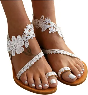 EMRELOD Women's Sandals Flat Clip Toe Casual Lace Floral Beach Flip Flop Comfy Shoes Summer Elegant Toe Ring Roman Sandals Slip On Boho Dressy Traval Sandal (White, 7)