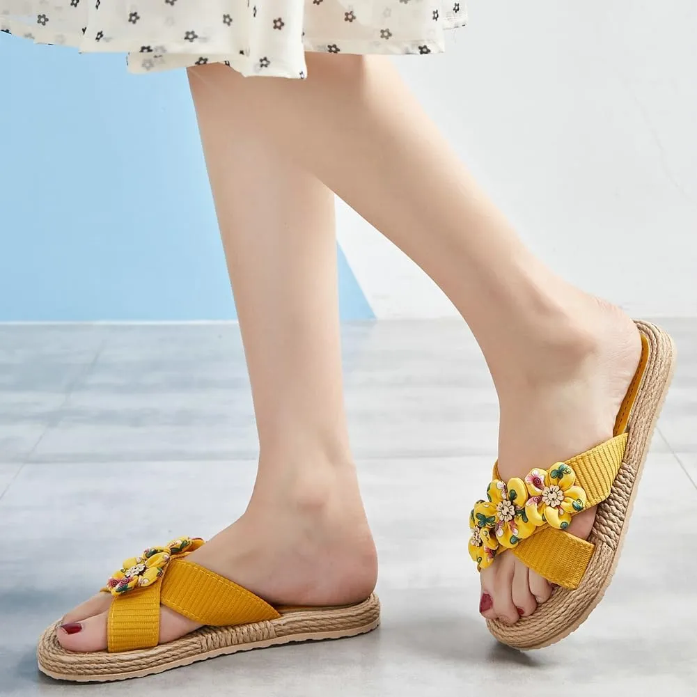 Epsion Women's Straw Slide Sandals Slip on Flat Open Toe Casual Cross Band Summer Beach Boho Shoes Sandals Outdoor