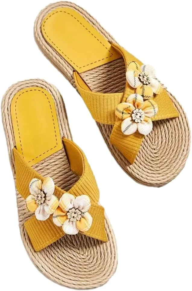 Epsion Women's Straw Slide Sandals Slip on Flat Open Toe Casual Cross Band Summer Beach Boho Shoes Sandals Outdoor