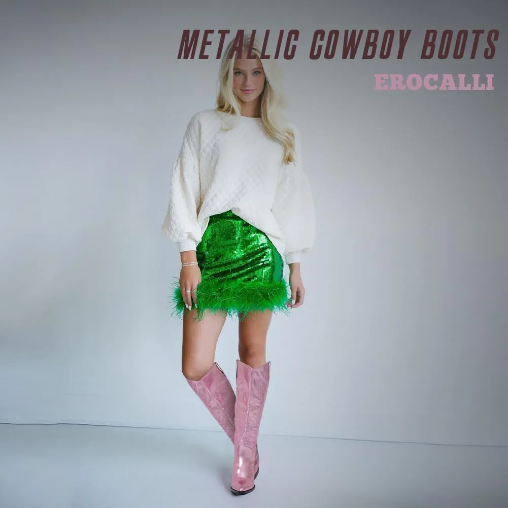 Erocalli Cowboy Boots for Women Cowgirl Knee High Boots Metallic Pull On Almond Toe Boots Embroidered Side Half Zip Western Boots