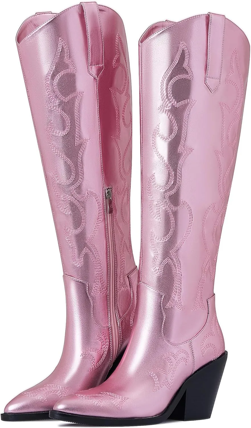 Erocalli Cowboy Boots for Women Cowgirl Knee High Boots Metallic Pull On Almond Toe Boots Embroidered Side Half Zip Western Boots