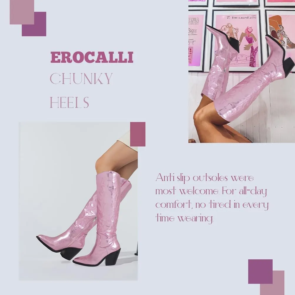 Erocalli Cowboy Boots for Women Cowgirl Knee High Boots Metallic Pull On Almond Toe Boots Embroidered Side Half Zip Western Boots
