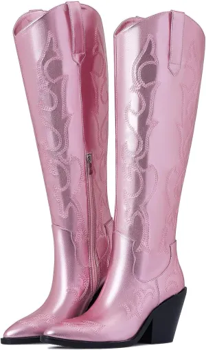 Erocalli Cowboy Boots for Women Cowgirl Knee High Boots Metallic Pull On Almond Toe Boots Embroidered Side Half Zip Western Boots