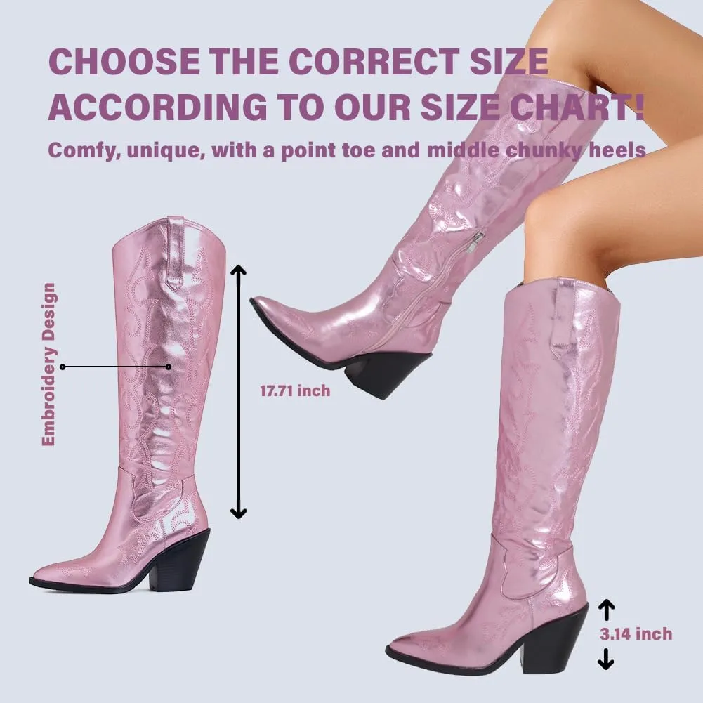 Erocalli Cowboy Boots for Women Cowgirl Knee High Boots Metallic Pull On Almond Toe Boots Embroidered Side Half Zip Western Boots