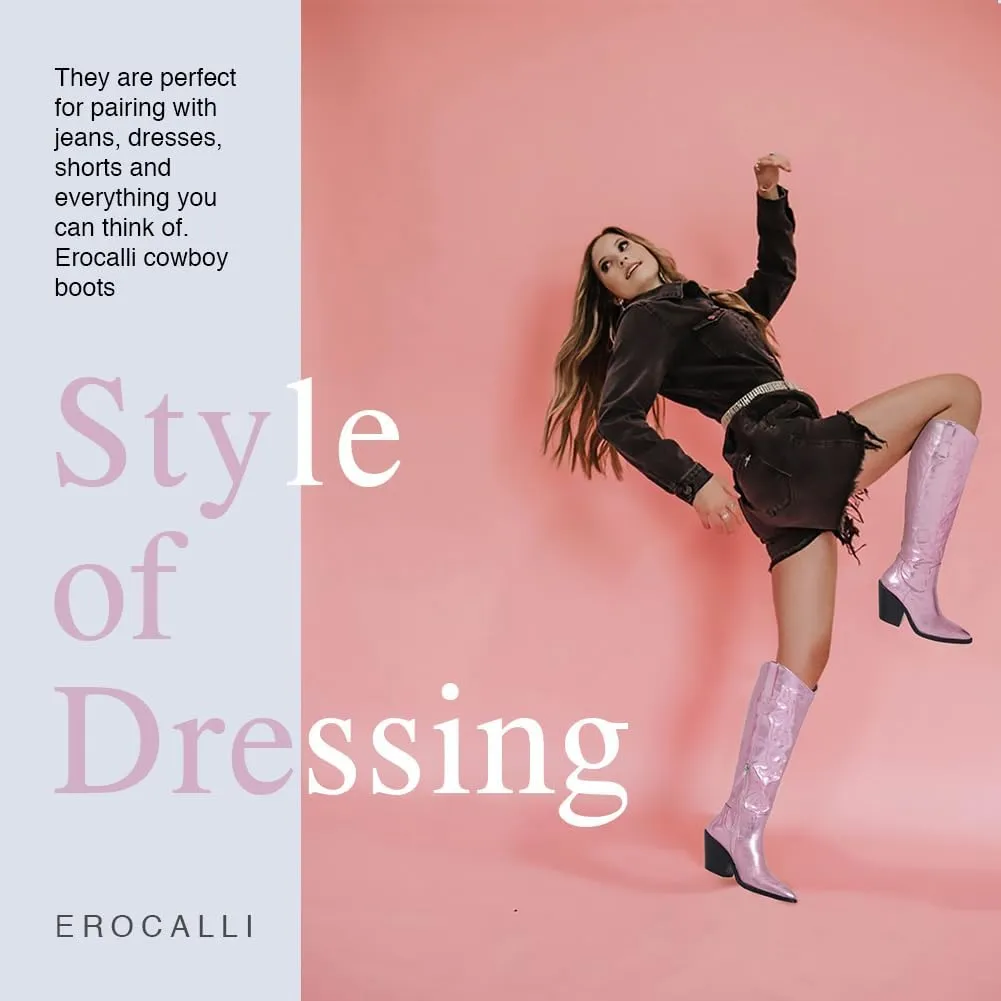 Erocalli Cowboy Boots for Women Cowgirl Knee High Boots Metallic Pull On Almond Toe Boots Embroidered Side Half Zip Western Boots