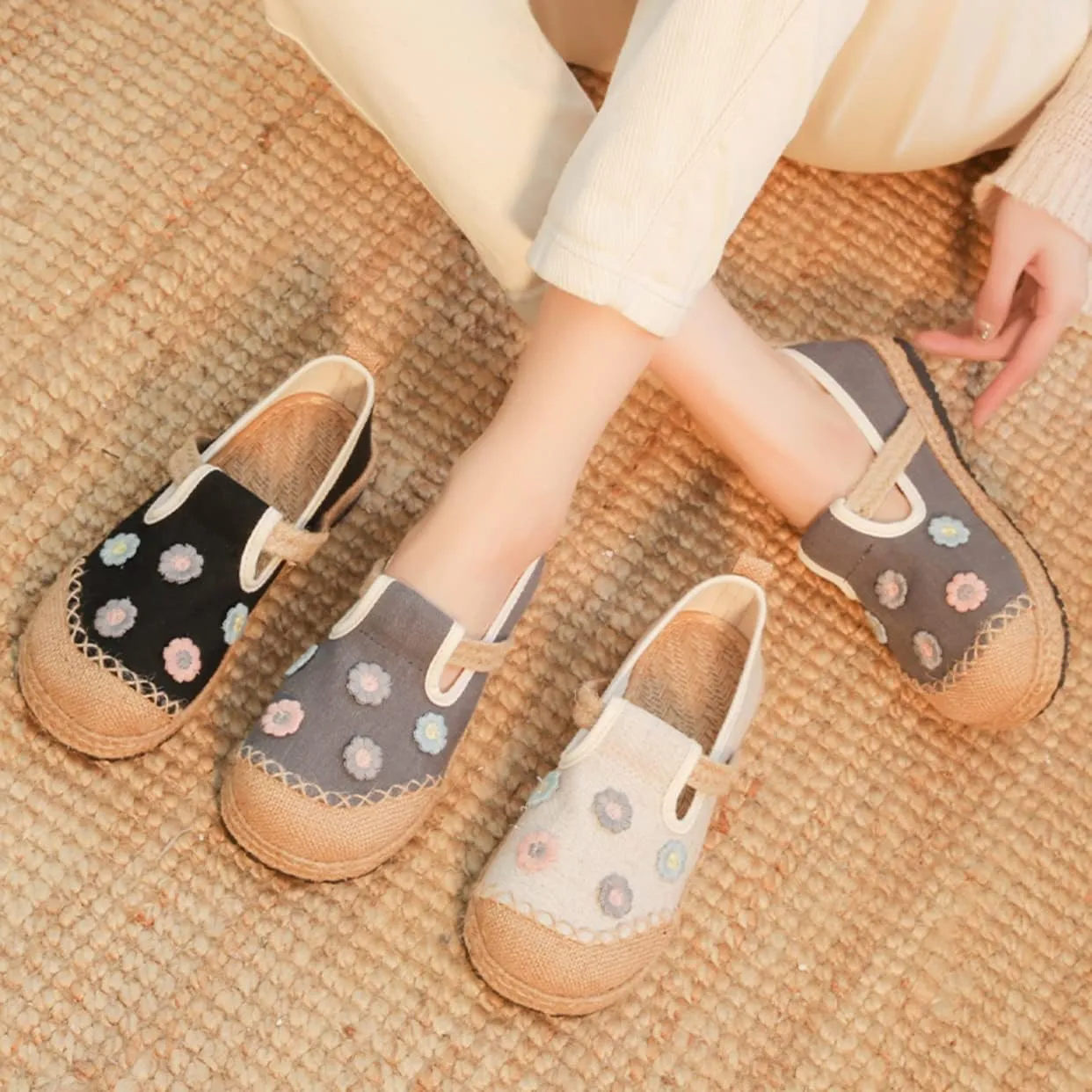 Espadrilles for Women Flat Slip on Loafers House Shoes Floral Embroidered Shoes Casual Linen Everyday Hiking Shoes
