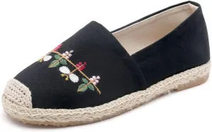 Espadrilles for Women Flat Slip on Loafers Simple Vintage House Shoes Floral Embroidered Breathable Linen Sneakers