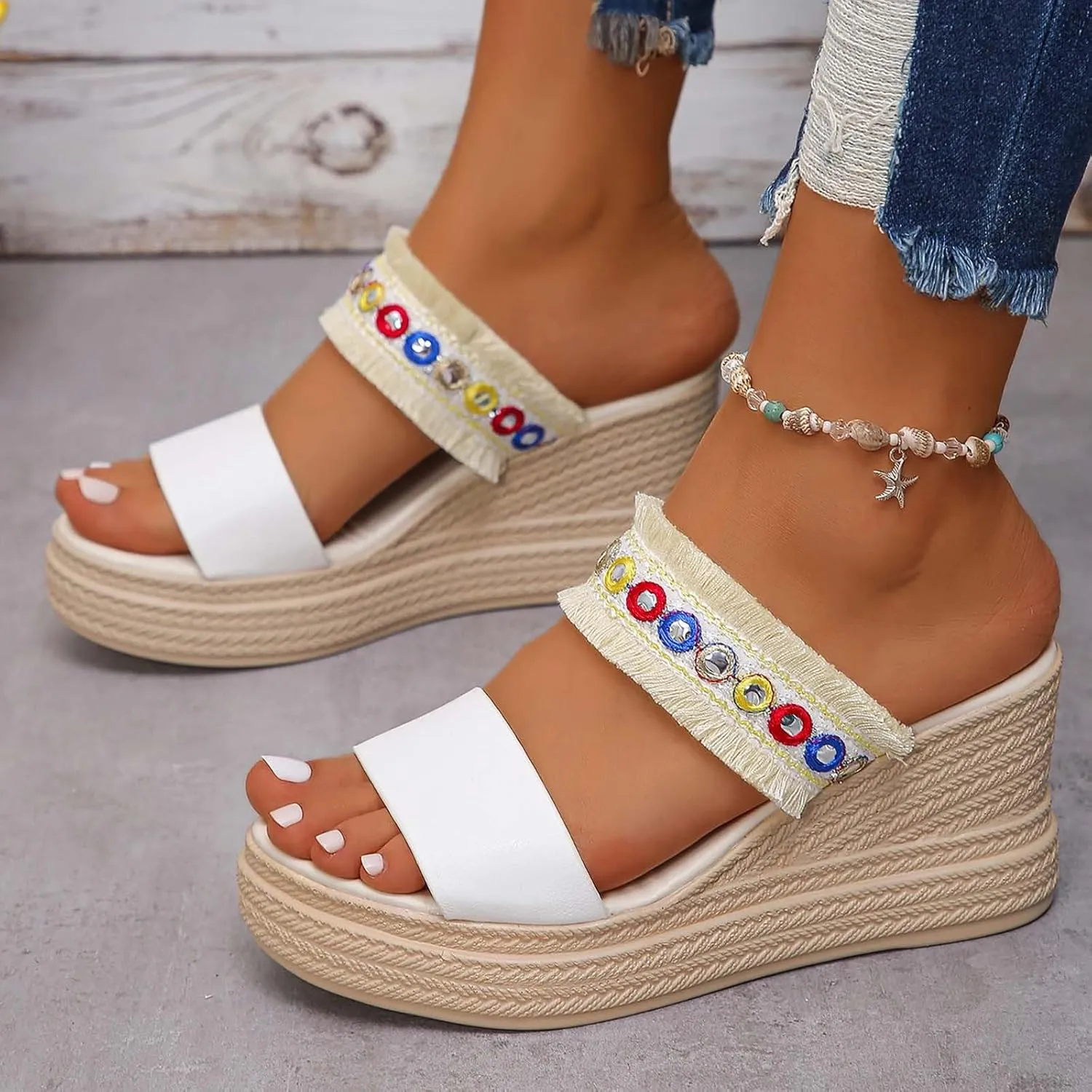 Espadrilles Platform Slides for Women Casual Summer Slide Platform Sandals, Slip On Wedge Sandals Open Toe Espadrilles Slides Dressy High Heel Beach Sandal Comfortable Wedges Shoe Mules, 9.5
