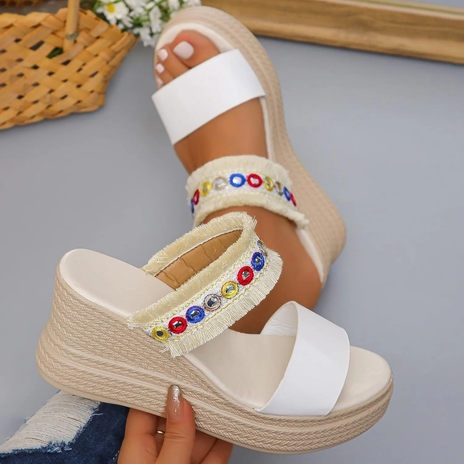 Espadrilles Platform Slides for Women Casual Summer Slide Platform Sandals, Slip On Wedge Sandals Open Toe Espadrilles Slides Dressy High Heel Beach Sandal Comfortable Wedges Shoe Mules, 9.5