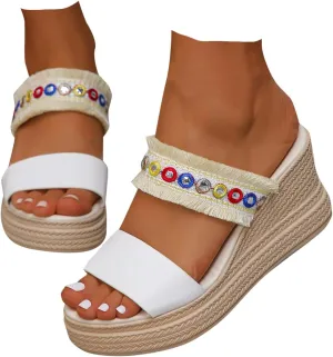 Espadrilles Platform Slides for Women Casual Summer Slide Platform Sandals, Slip On Wedge Sandals Open Toe Espadrilles Slides Dressy High Heel Beach Sandal Comfortable Wedges Shoe Mules, 9.5