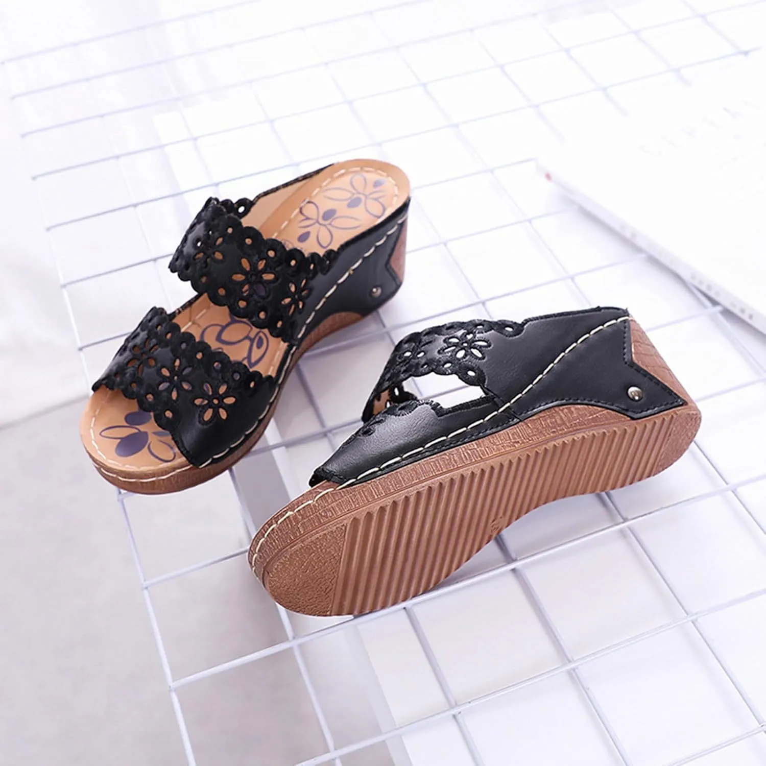 Espadrilles Platform Slides for Women Casual Summer Slide Platform Sandals, Slip On Wedge Sandals Open Toe Espadrilles Slides Dressy High Heel Beach Sandal Comfortable Wedges Shoe Mules, 9.5