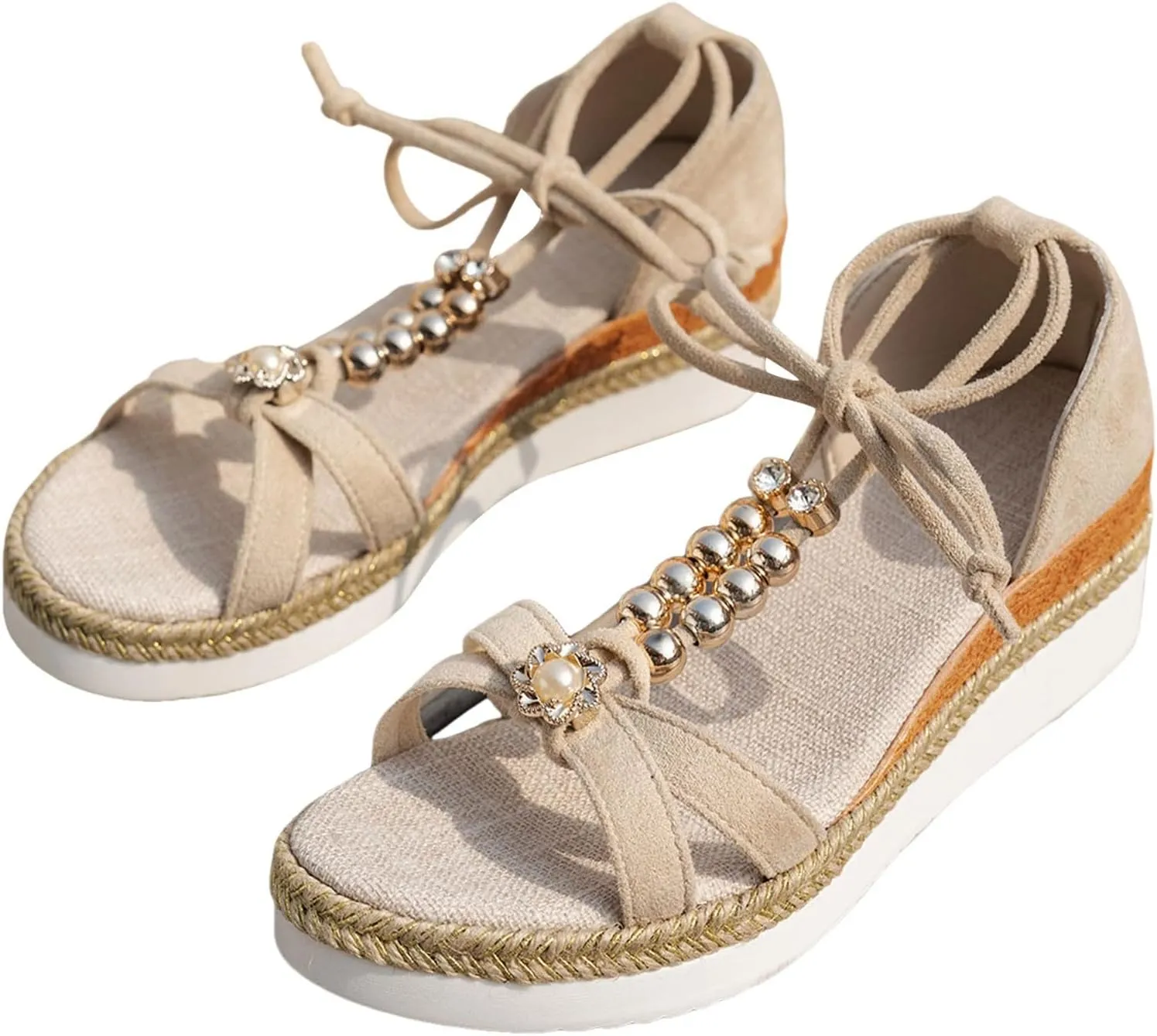 Espadrilles Wedge Sandal for Women Dressy Summer Rhinestone Sparkly Sandals T-Strap Comfortable Open Toe Arch Support Low Heel Elastic Ankle Strap Sandal Wide Width Bohemian Woven Sandals