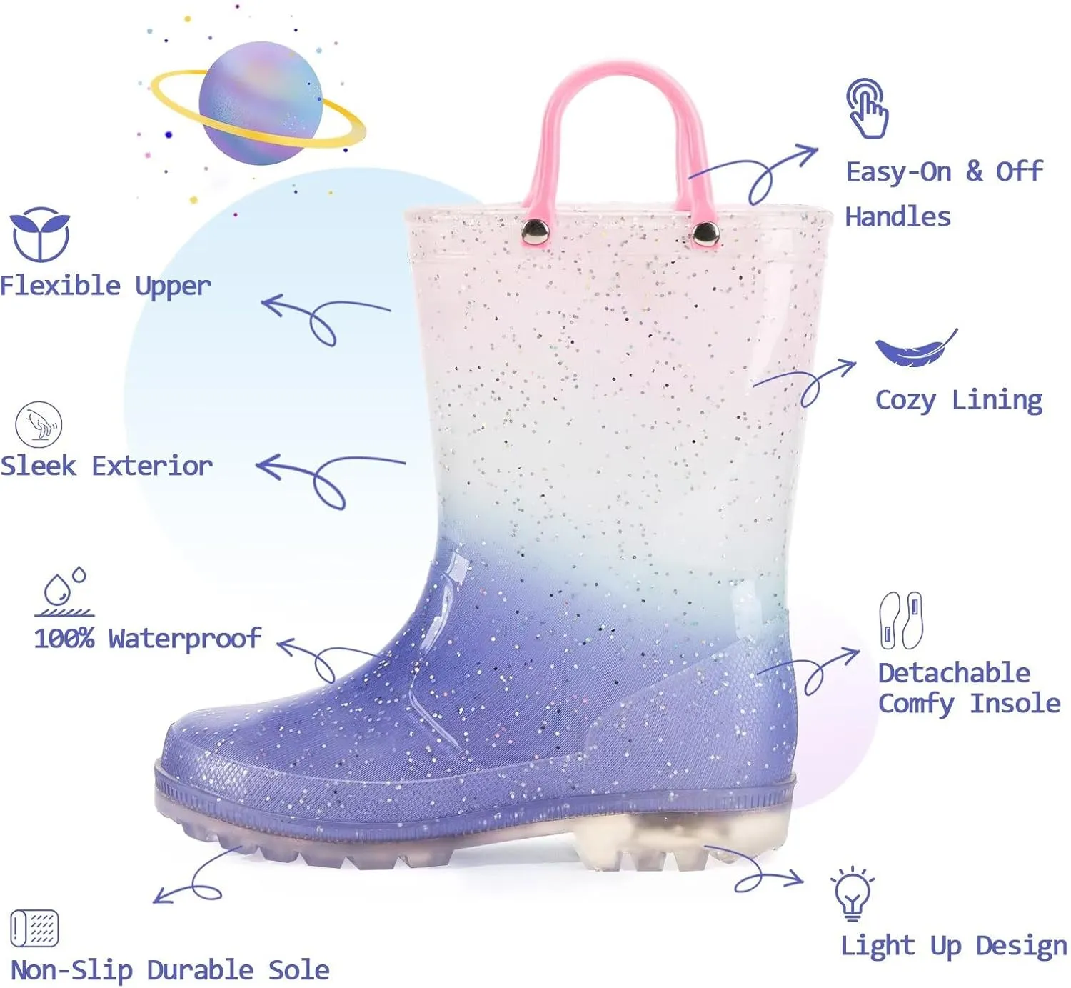 EUXTERPA Kids Toddler Light Up Rain Boots Boys Waterproof Patterns and Glitter Boots with Easy On Handles