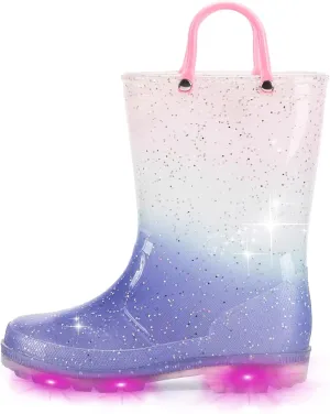 EUXTERPA Kids Toddler Light Up Rain Boots Boys Waterproof Patterns and Glitter Boots with Easy On Handles