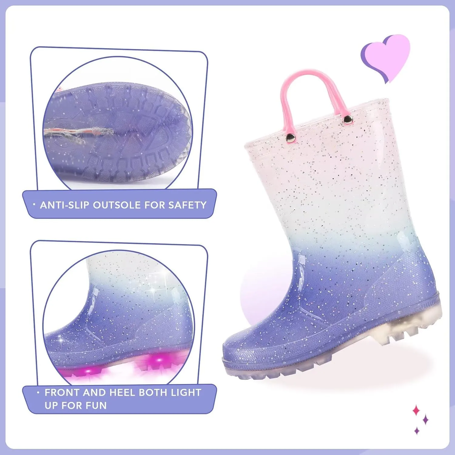 EUXTERPA Kids Toddler Light Up Rain Boots Boys Waterproof Patterns and Glitter Boots with Easy On Handles