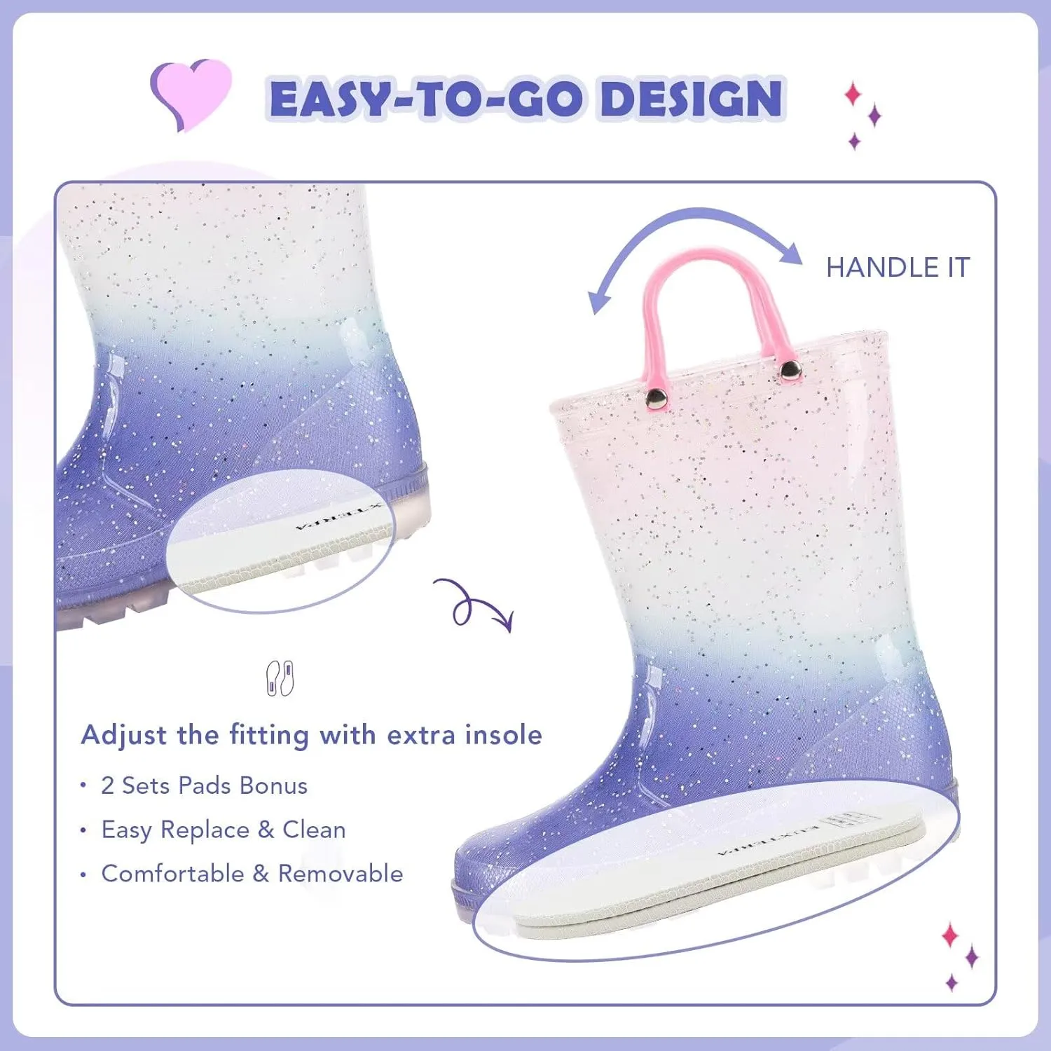 EUXTERPA Kids Toddler Light Up Rain Boots Boys Waterproof Patterns and Glitter Boots with Easy On Handles
