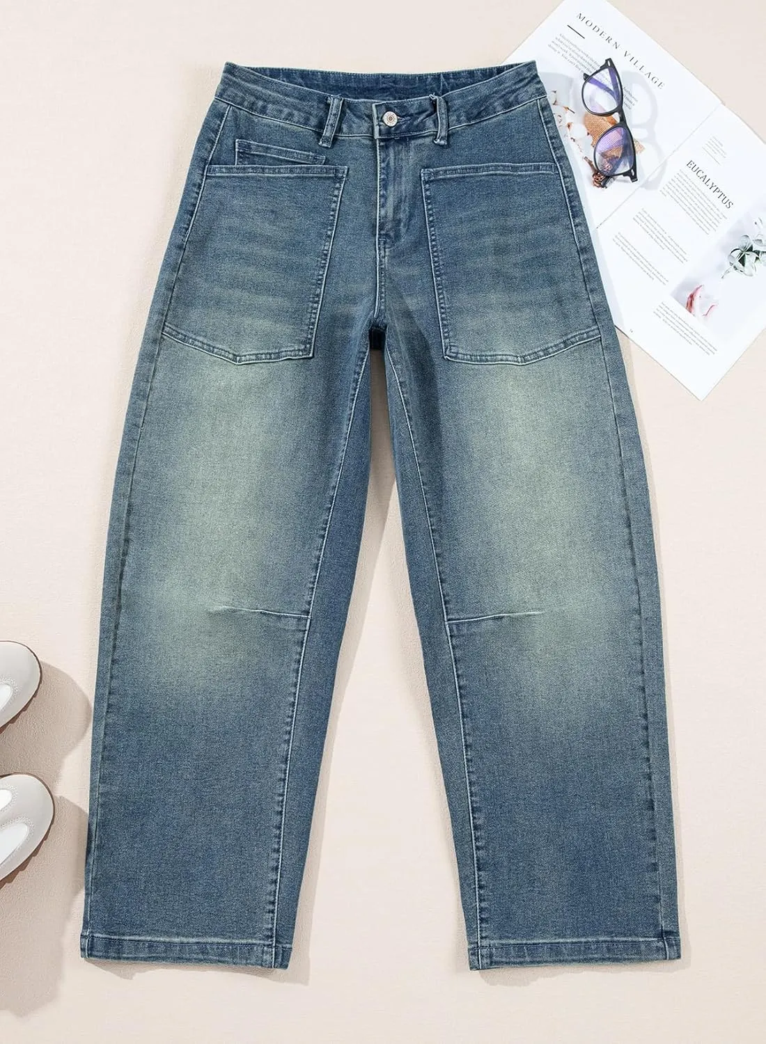 EVALESS Womens Baggy Barrel Jeans High Waisted Wide Leg Boyfriend Denim Ankle Pants