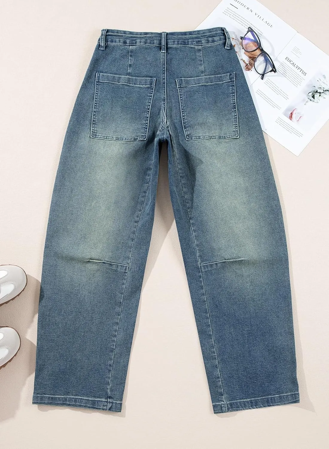 EVALESS Womens Baggy Barrel Jeans High Waisted Wide Leg Boyfriend Denim Ankle Pants