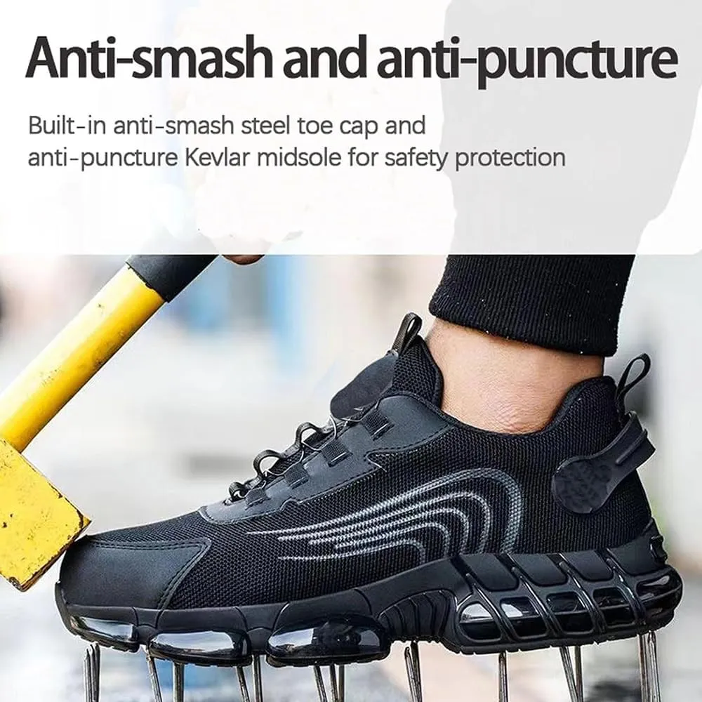 Evontura Steel Toe Shoes Power Trainers, Men's Steel Toe Safety Work Shoes, Comfortable Lightweight Puncture Proof Slip on Indestructible Sneakers, Smash Stab Resistant Air Cushion Shoes (Black,10.5)