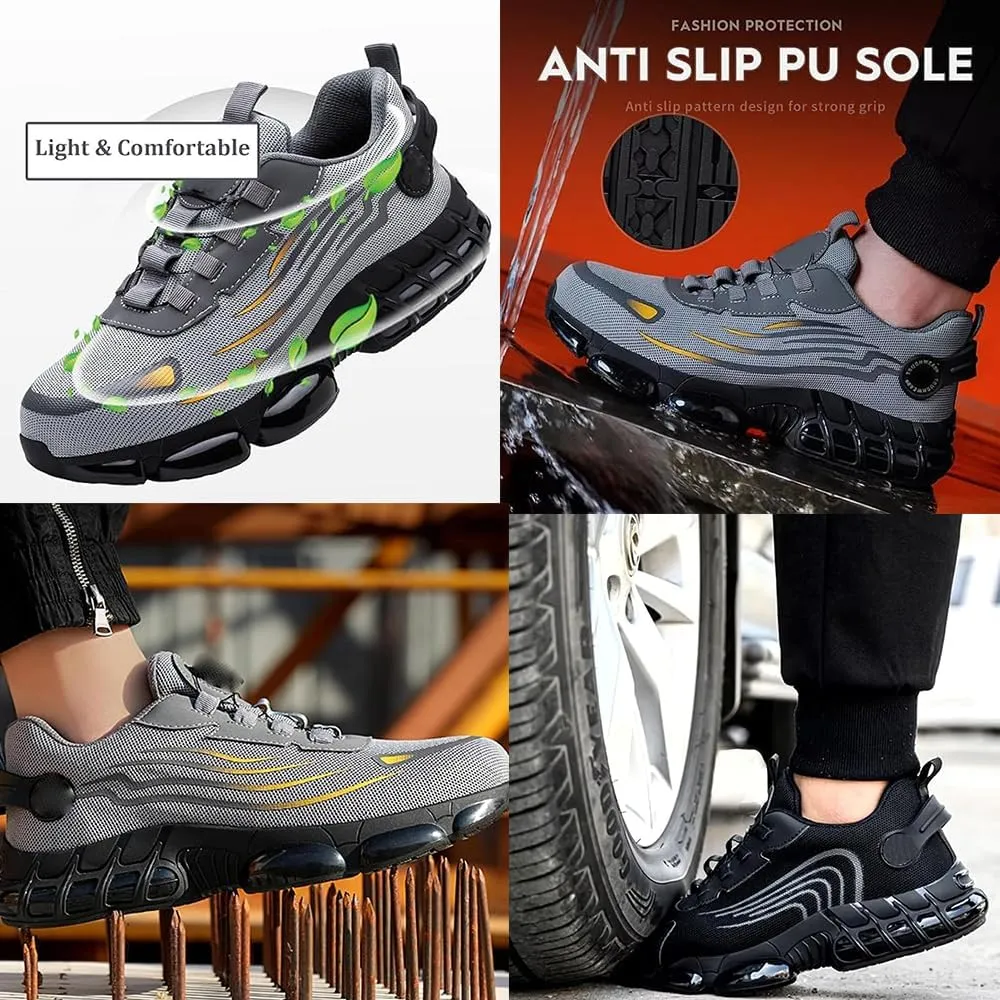 Evontura Steel Toe Shoes Power Trainers, Men's Steel Toe Safety Work Shoes, Comfortable Lightweight Puncture Proof Slip on Indestructible Sneakers, Smash Stab Resistant Air Cushion Shoes (Black,10.5)