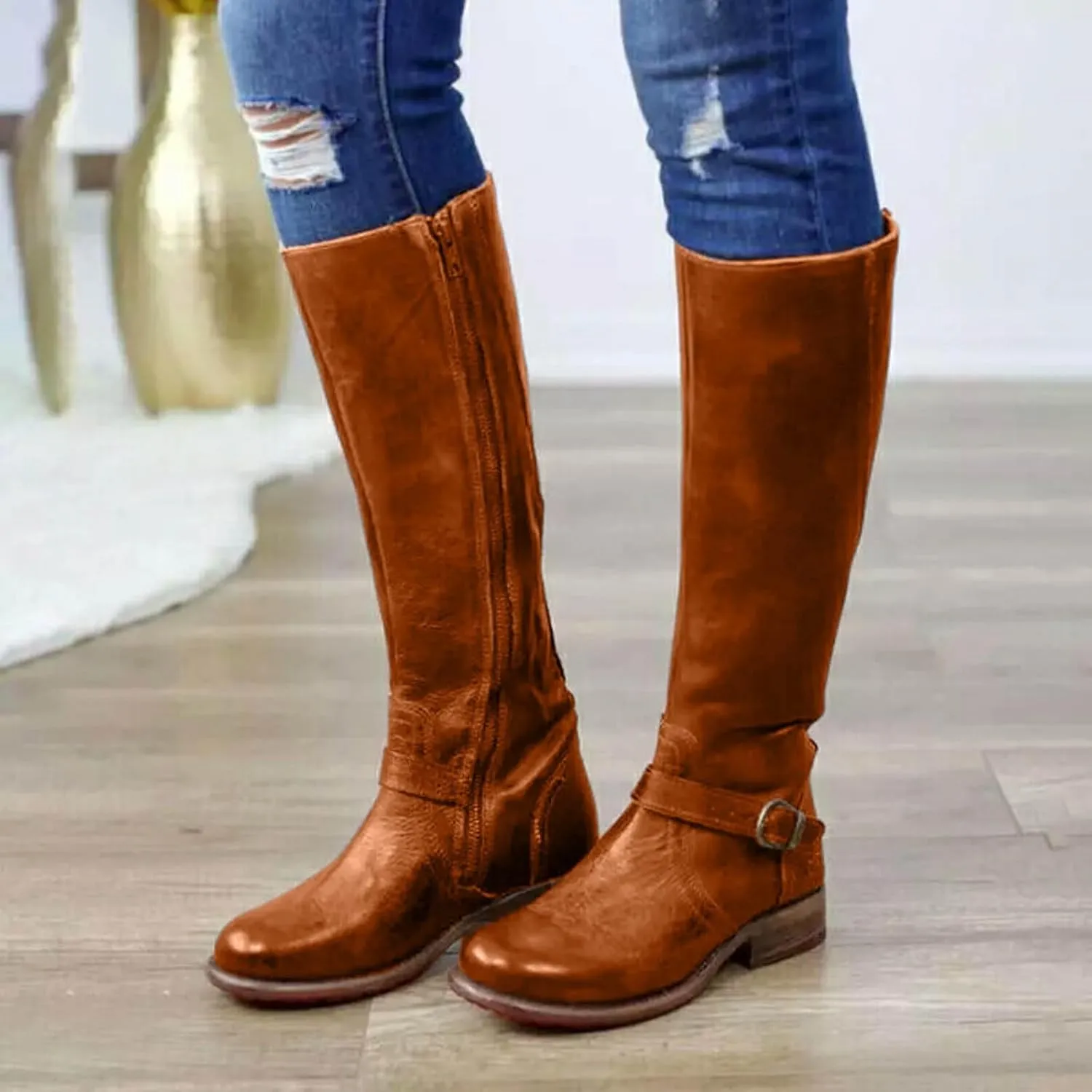 Fall Boots Womens Knee High Boots Side Zipper Motorcycle Boots Chunky Low Heel Fashion Buckles Biker Riding Boots