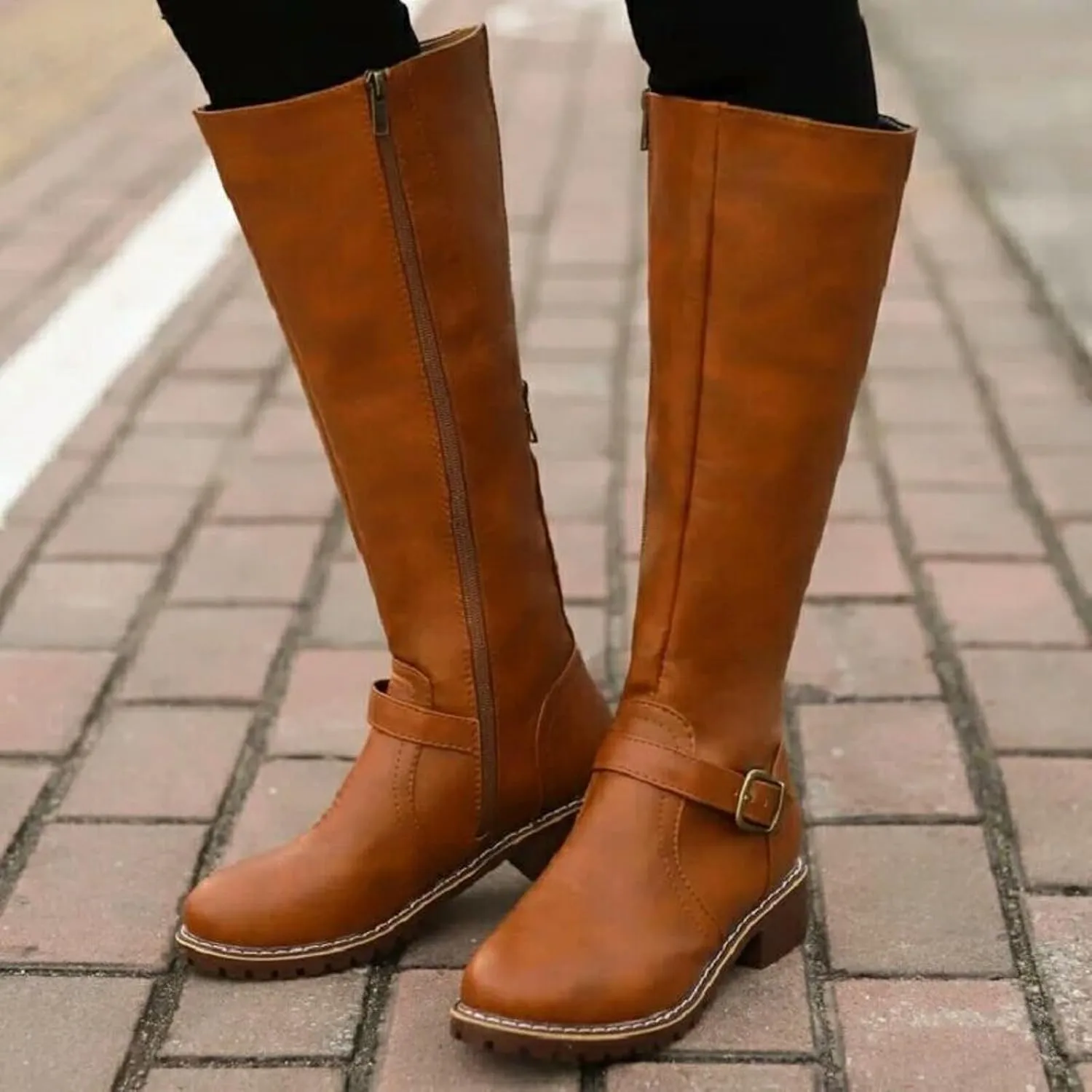 Fall Boots Womens Knee High Boots Side Zipper Motorcycle Boots Chunky Low Heel Fashion Buckles Biker Riding Boots