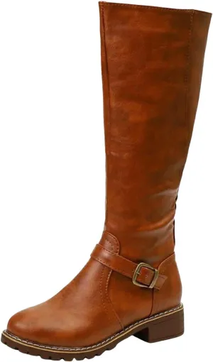 Fall Boots Womens Knee High Boots Side Zipper Motorcycle Boots Chunky Low Heel Fashion Buckles Biker Riding Boots