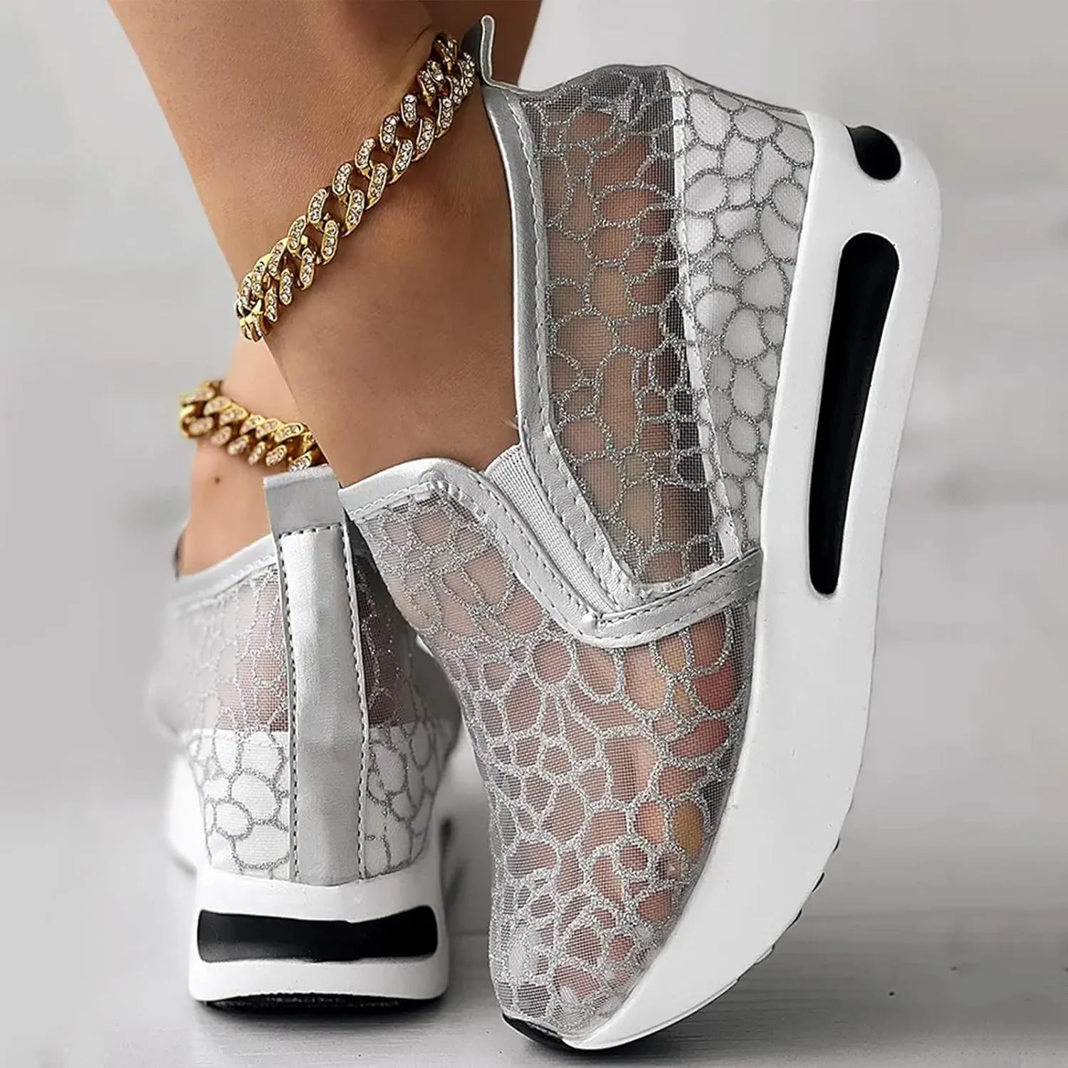 Fashion Platform Sneakers for Women Slip on Loafers Lightweight Walking Tennis Shoes Non Slip Comfortable Lace Embroidery Chunky Sneakers Athletic Breathable Shoes for Casual and Daily Wear