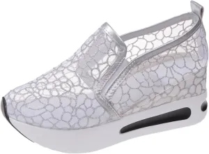 Fashion Platform Sneakers for Women Slip on Loafers Lightweight Walking Tennis Shoes Non Slip Comfortable Lace Embroidery Chunky Sneakers Athletic Breathable Shoes for Casual and Daily Wear
