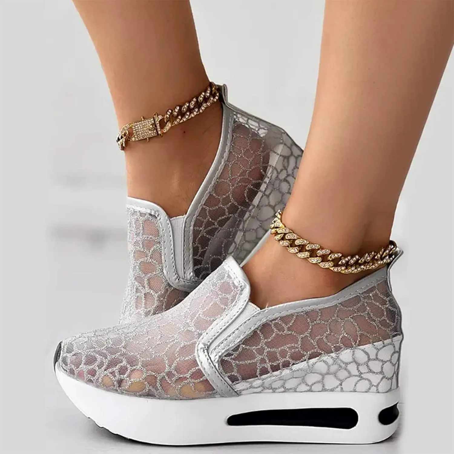 Fashion Platform Sneakers for Women Slip on Loafers Lightweight Walking Tennis Shoes Non Slip Comfortable Lace Embroidery Chunky Sneakers Athletic Breathable Shoes for Casual and Daily Wear
