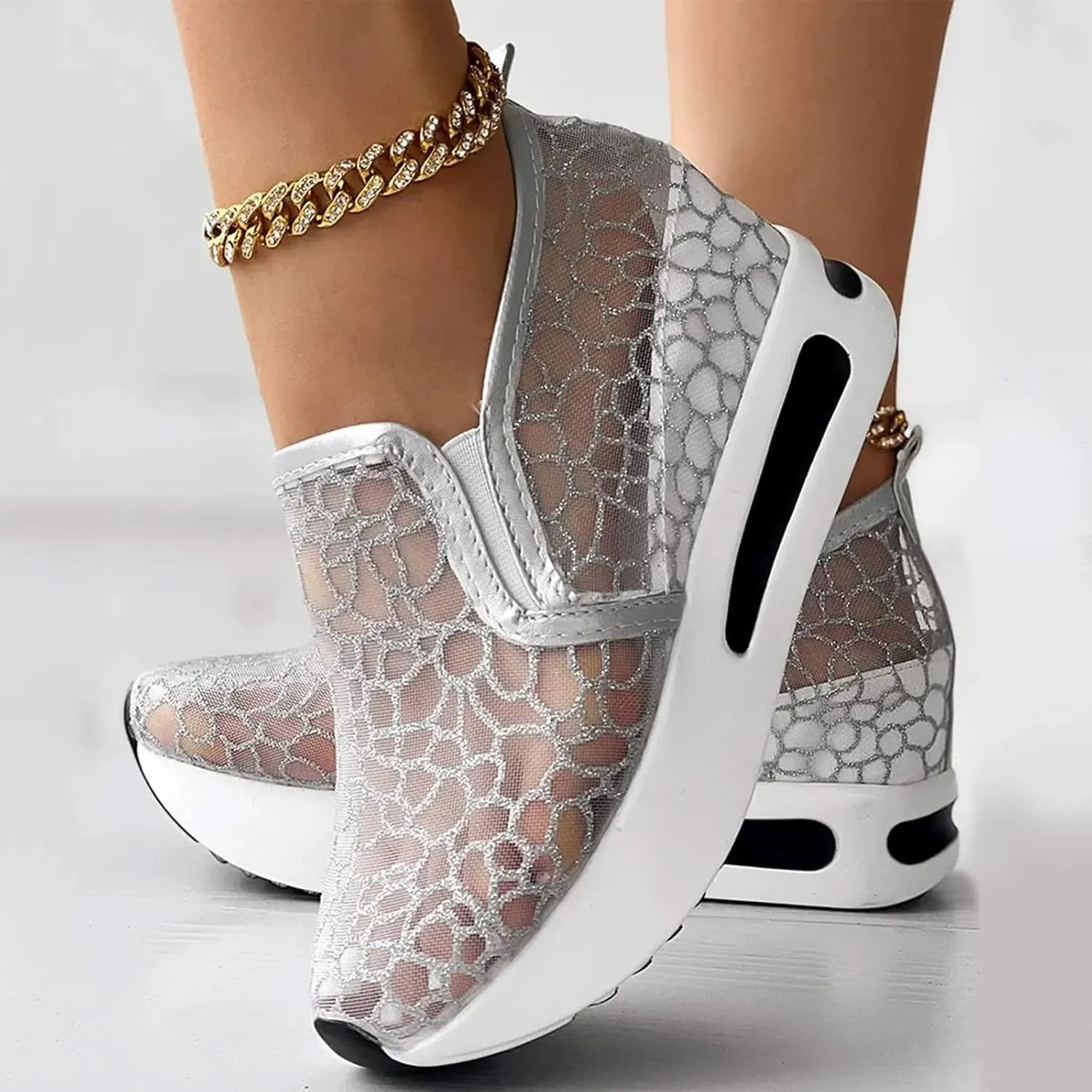 Fashion Platform Sneakers for Women Slip on Loafers Lightweight Walking Tennis Shoes Non Slip Comfortable Lace Embroidery Chunky Sneakers Athletic Breathable Shoes for Casual and Daily Wear