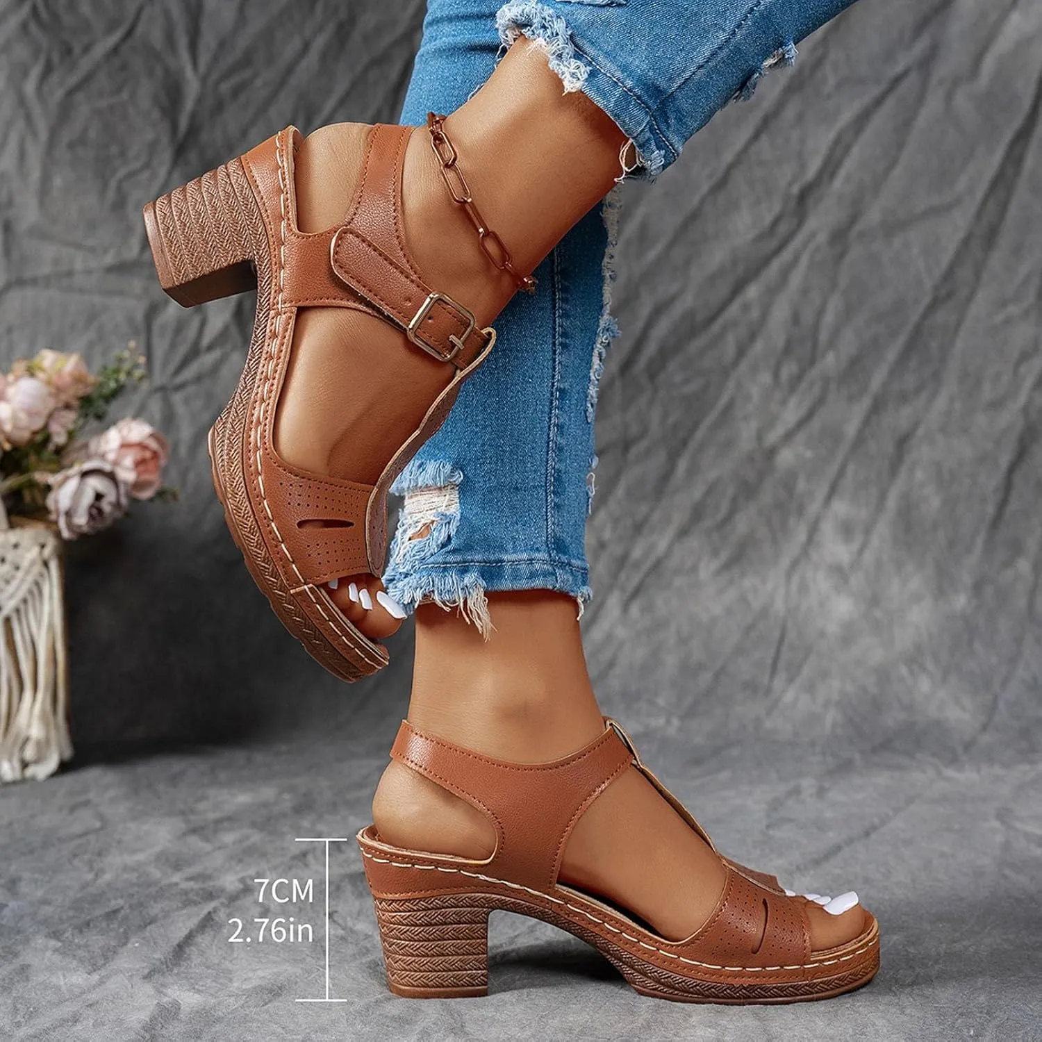 Fashion Strappy Heels for Women Sandals Comfortable Dressy Chunky Block Heel Open Toe Ankle Strap Slip On Mules Slingback Sandals for Women Prom Wedding Heels Boho Beach Sandals