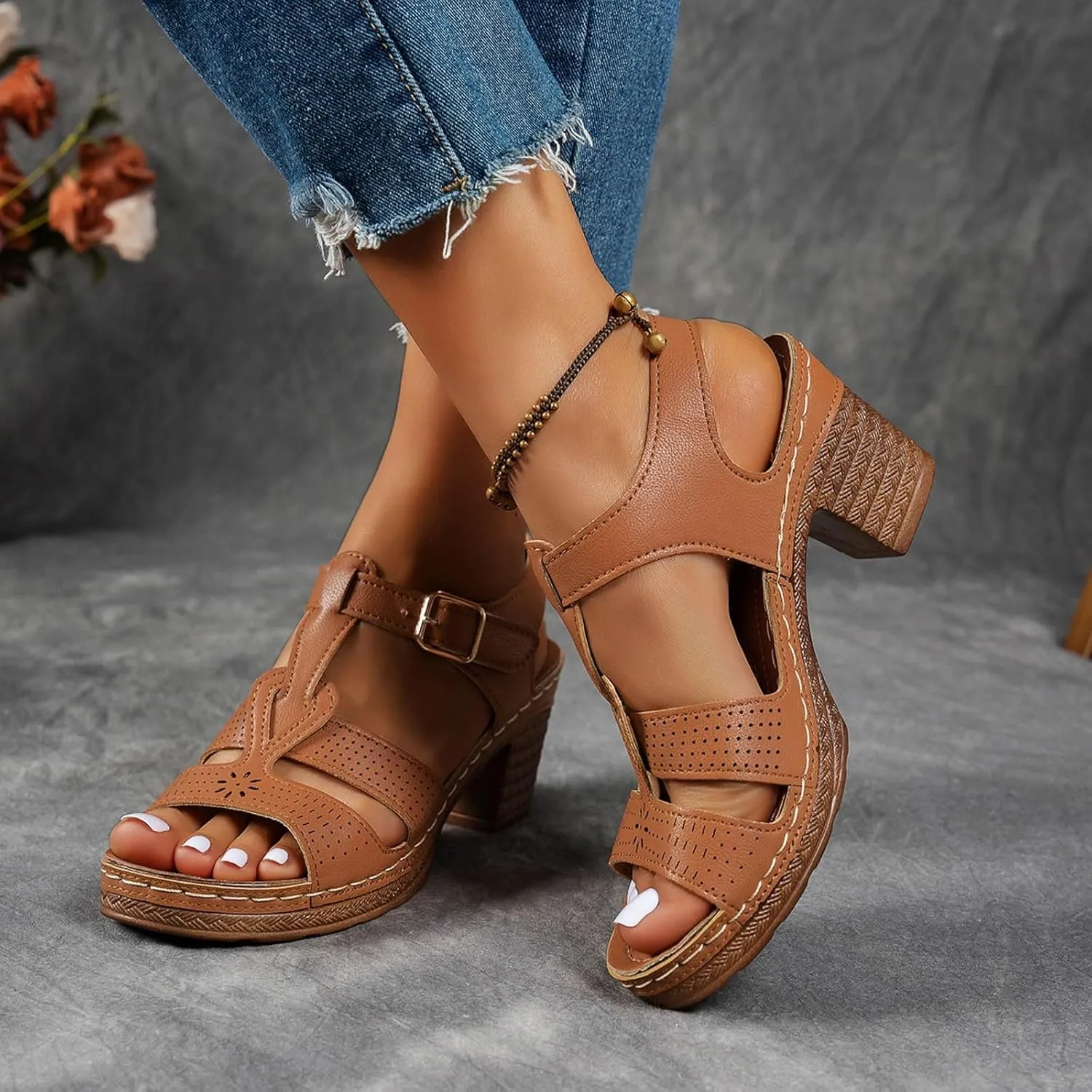 Fashion Strappy Heels for Women Sandals Comfortable Dressy Chunky Block Heel Open Toe Ankle Strap Slip On Mules Slingback Sandals for Women Prom Wedding Heels Boho Beach Sandals