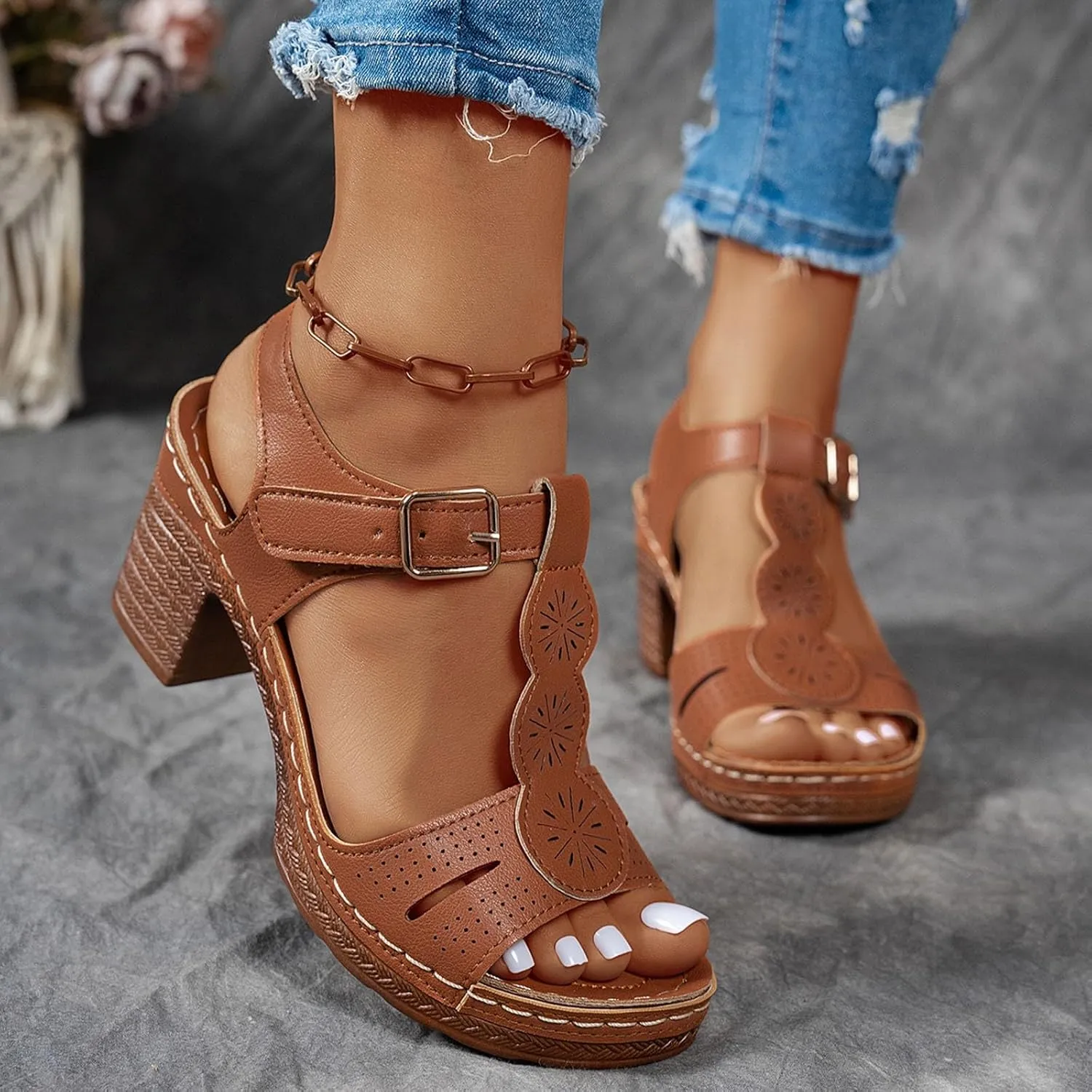 Fashion Strappy Heels for Women Sandals Comfortable Dressy Chunky Block Heel Open Toe Ankle Strap Slip On Mules Slingback Sandals for Women Prom Wedding Heels Boho Beach Sandals