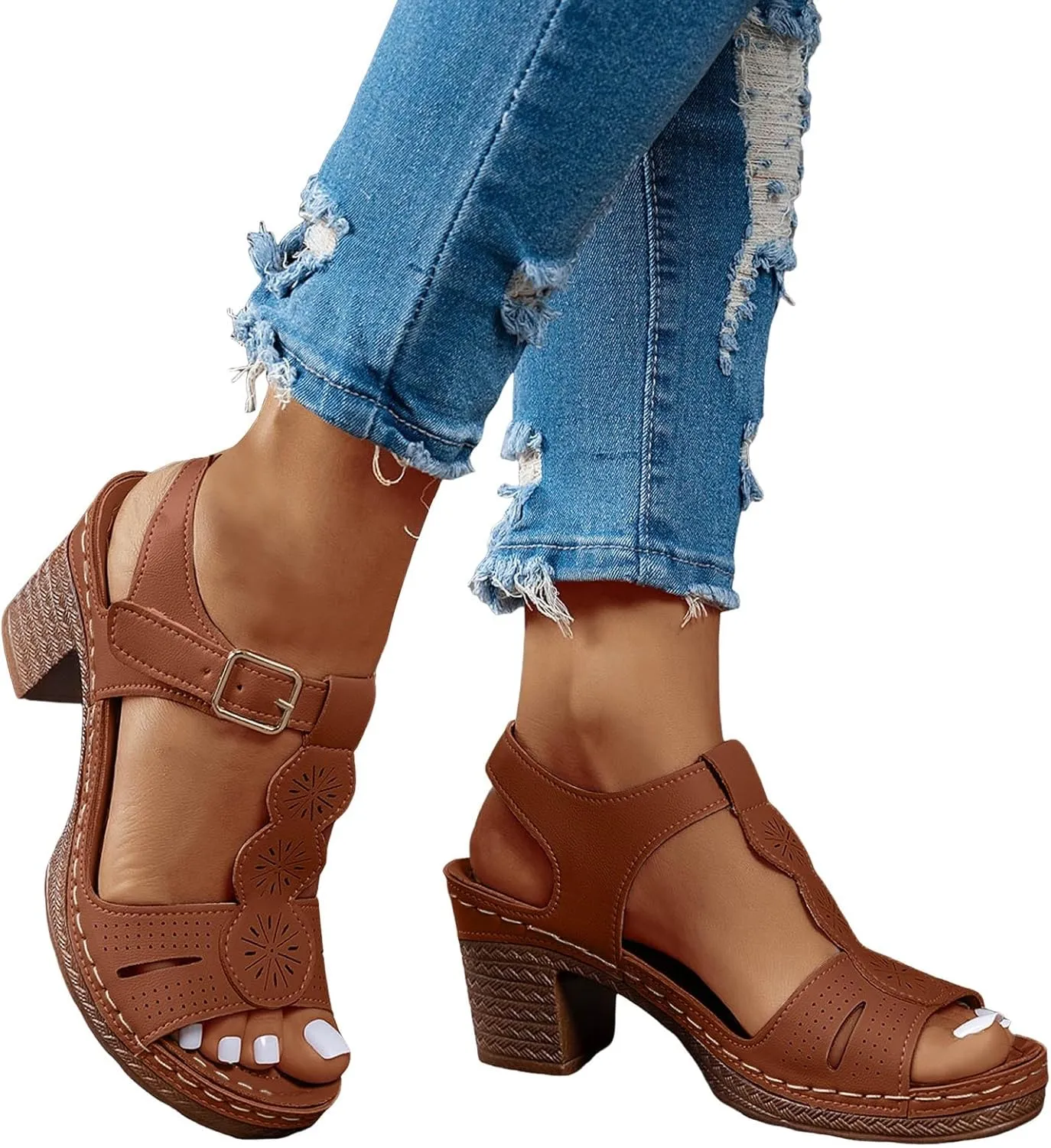 Fashion Strappy Heels for Women Sandals Comfortable Dressy Chunky Block Heel Open Toe Ankle Strap Slip On Mules Slingback Sandals for Women Prom Wedding Heels Boho Beach Sandals
